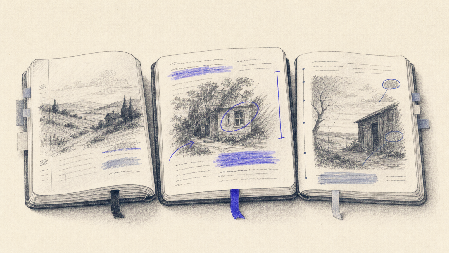 Three open notebooks showing different annotation methods, representing the distinct types of third person narrative modes available to writers.