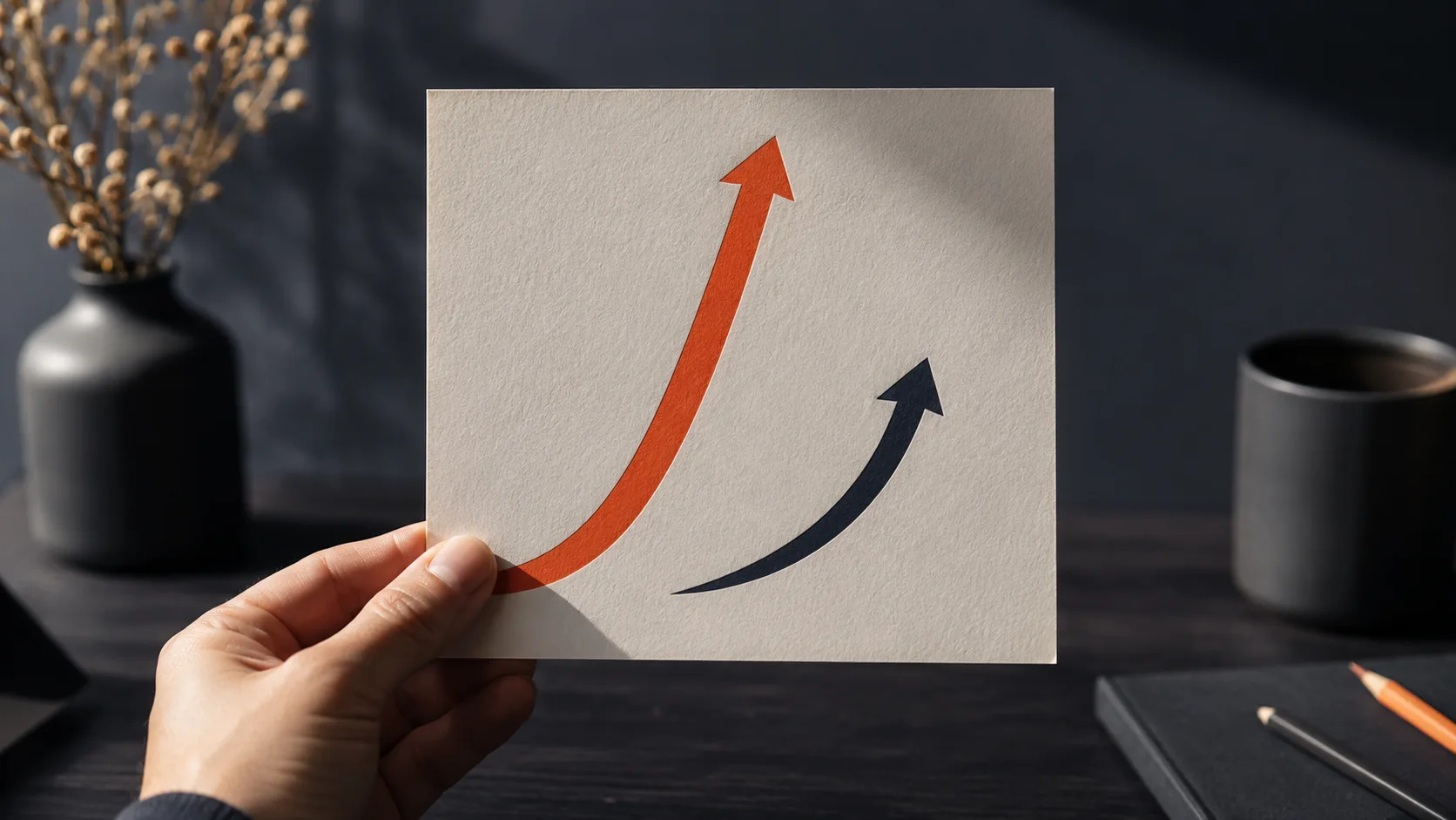 A visual comparison of two growth trajectories—one steep and fast, one gradual and slow—representing how lower-competition niches rank faster in search results.