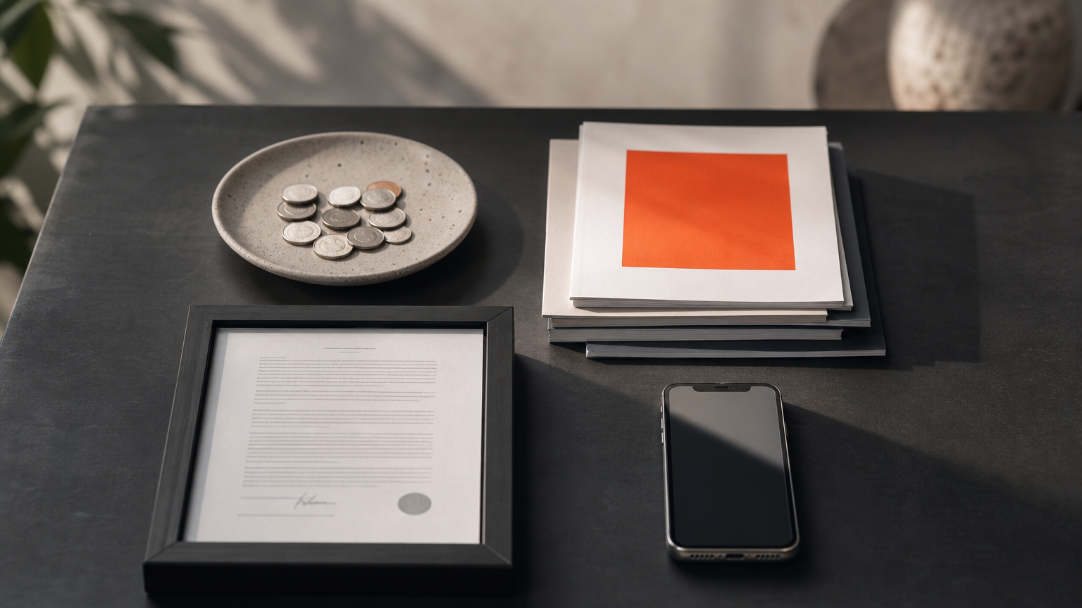 Four beginner-friendly passive income categories visualized as separate objects on a desk: investments, digital products, rentals, and affiliate streams.