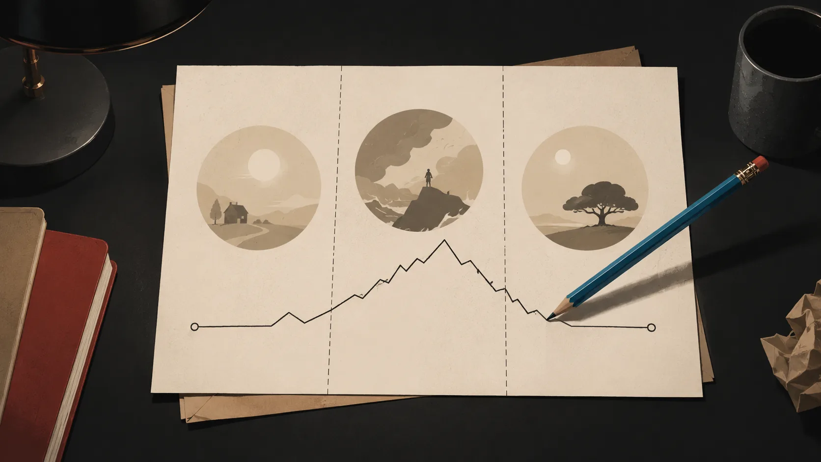 An illustration showing the three-act structure as a traced narrative arc on paper, with the setup, confrontation, and resolution phases marked along a rising and falling tension line.