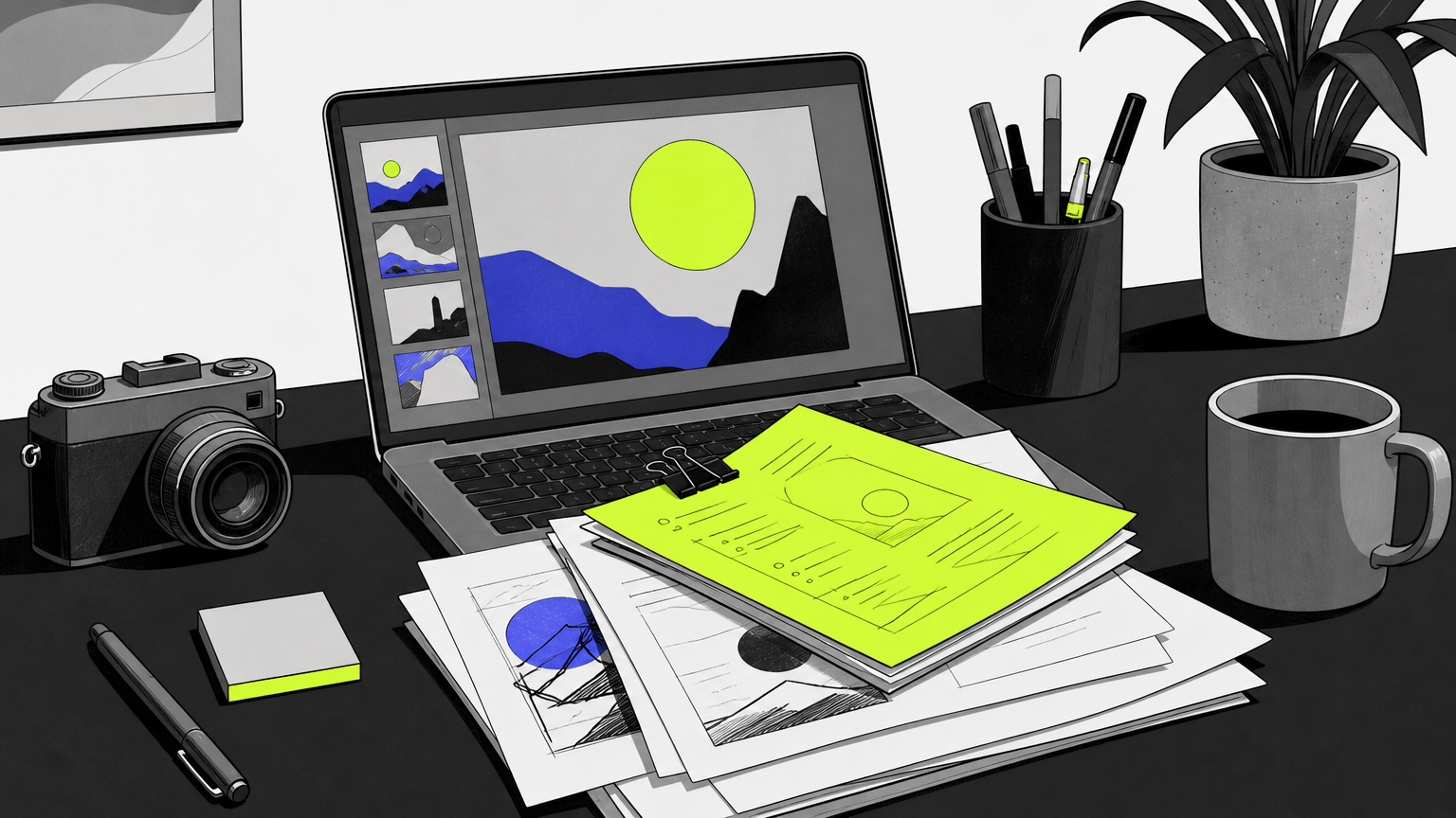 Layers of social media service deliverables including strategy documents, graphics sketches, and editing software, showing the bundled scope of full-service packages