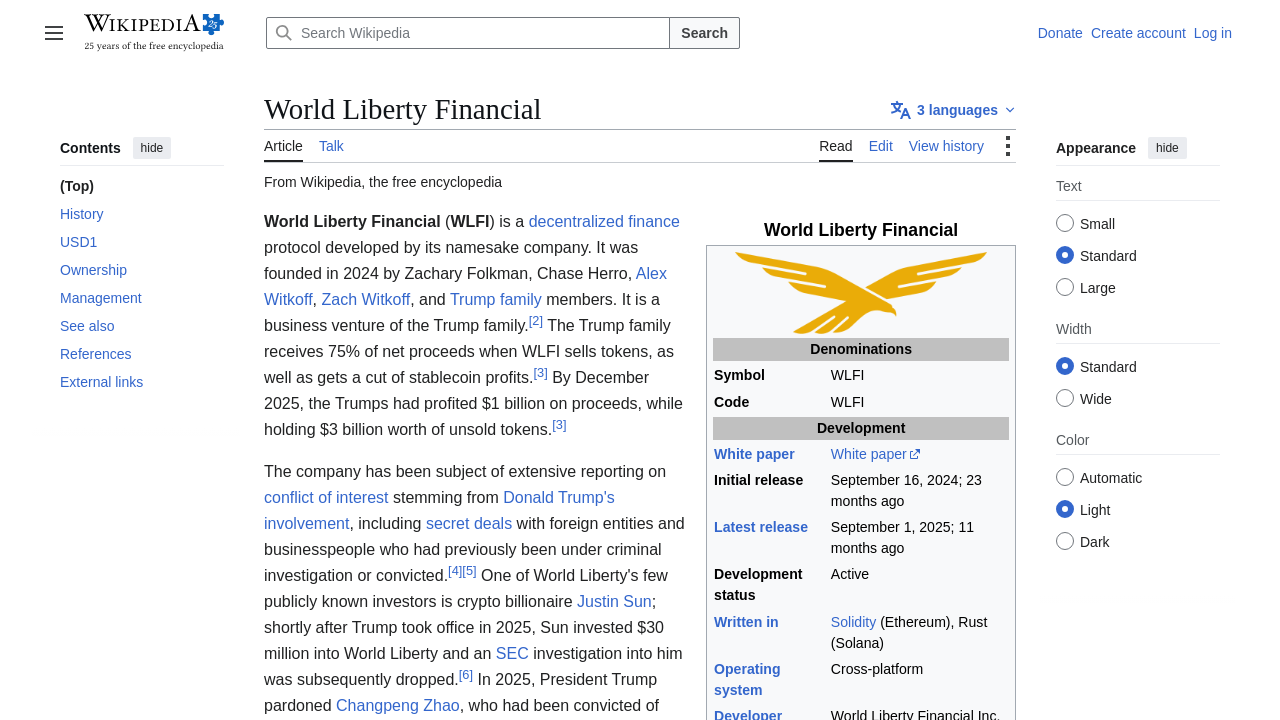 Wikipedia page for World Liberty Financial showing protocol details and token economics