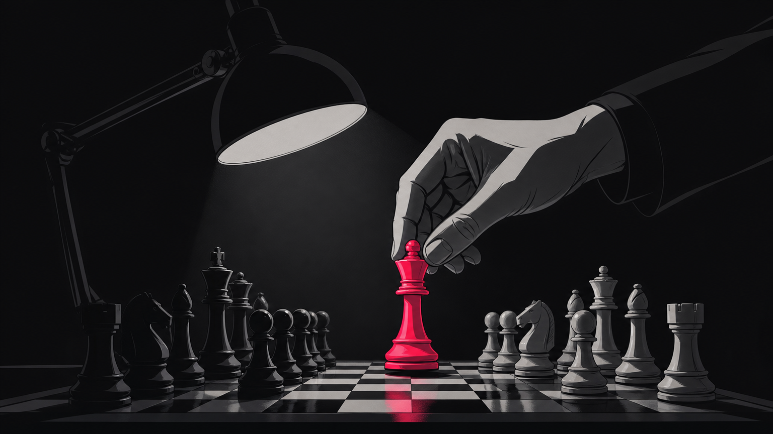 Hand moving chess piece on a board under lamplight, representing how AI makes strategic decisions in real time during marketing execution