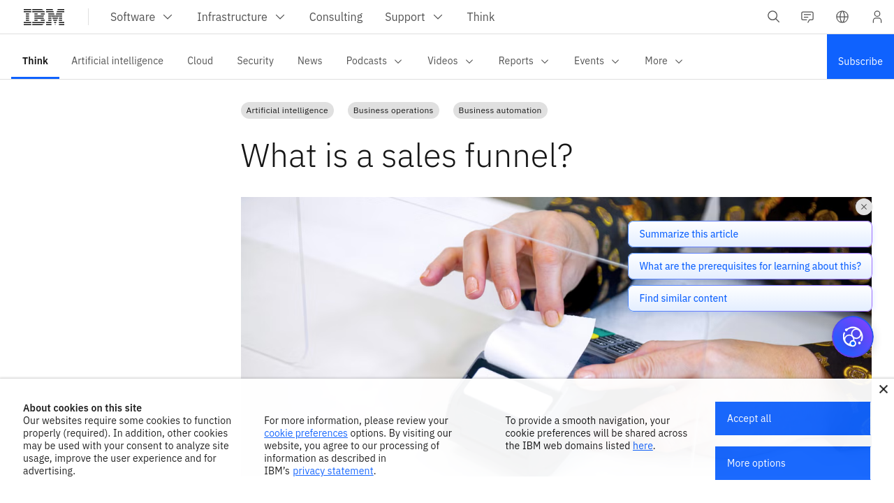 IBM's definition and visual model of a sales funnel showing the customer journey stages.
