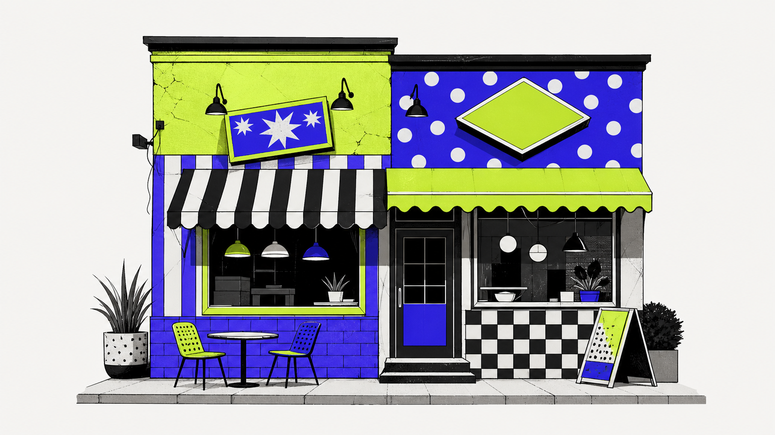 An Italian restaurant exterior displaying common branding mistakes—inconsistent colors, clashing fonts, and misaligned visual identity elements.