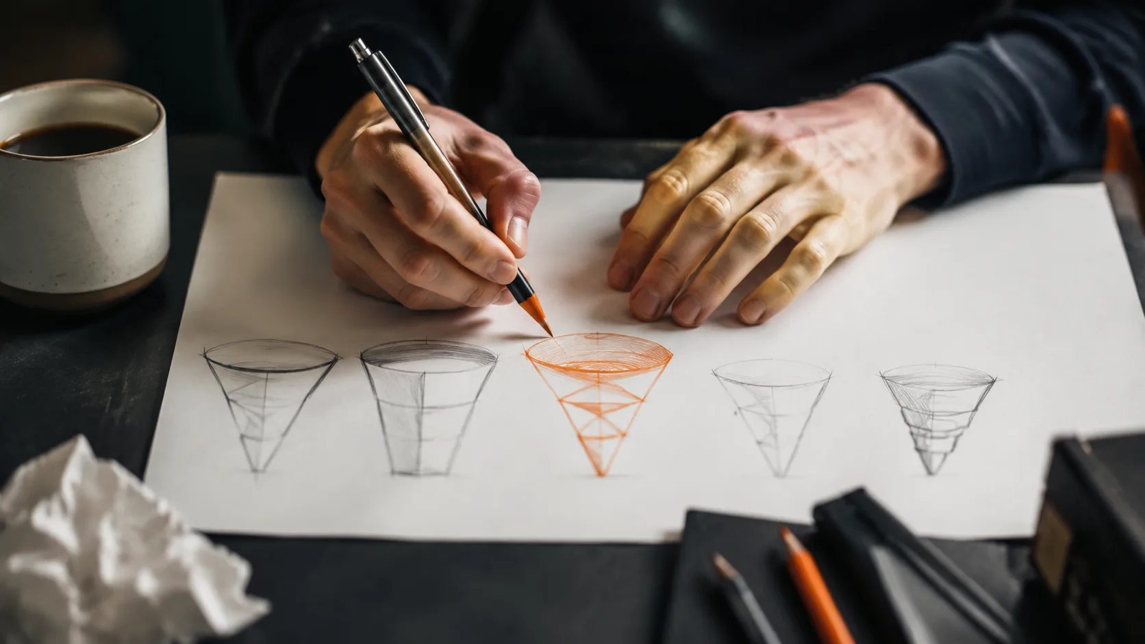A person sketching different funnel designs on paper, illustrating how affiliate funnels vary by traffic source and audience type.