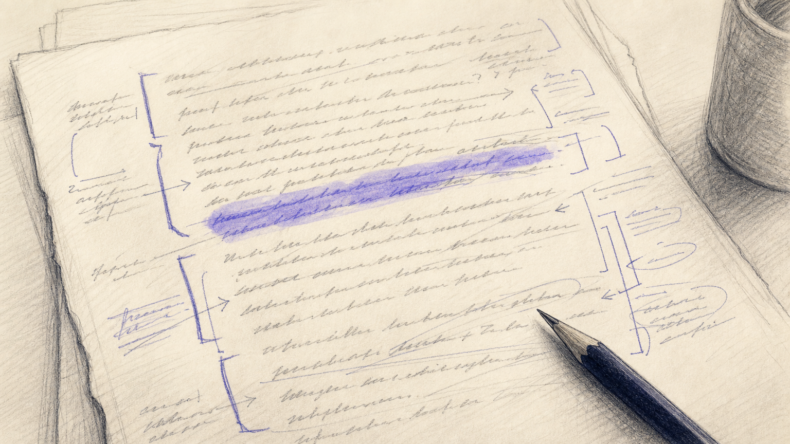 A manuscript page with dense margin annotations, showing how deep third person POV blends immediate character perspective with narrative distance.