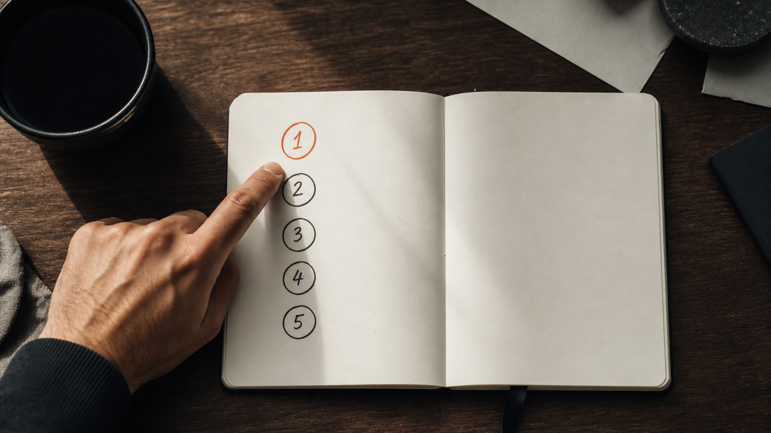 Five ordered steps for launching your first passive income stream, written in a planning notebook.