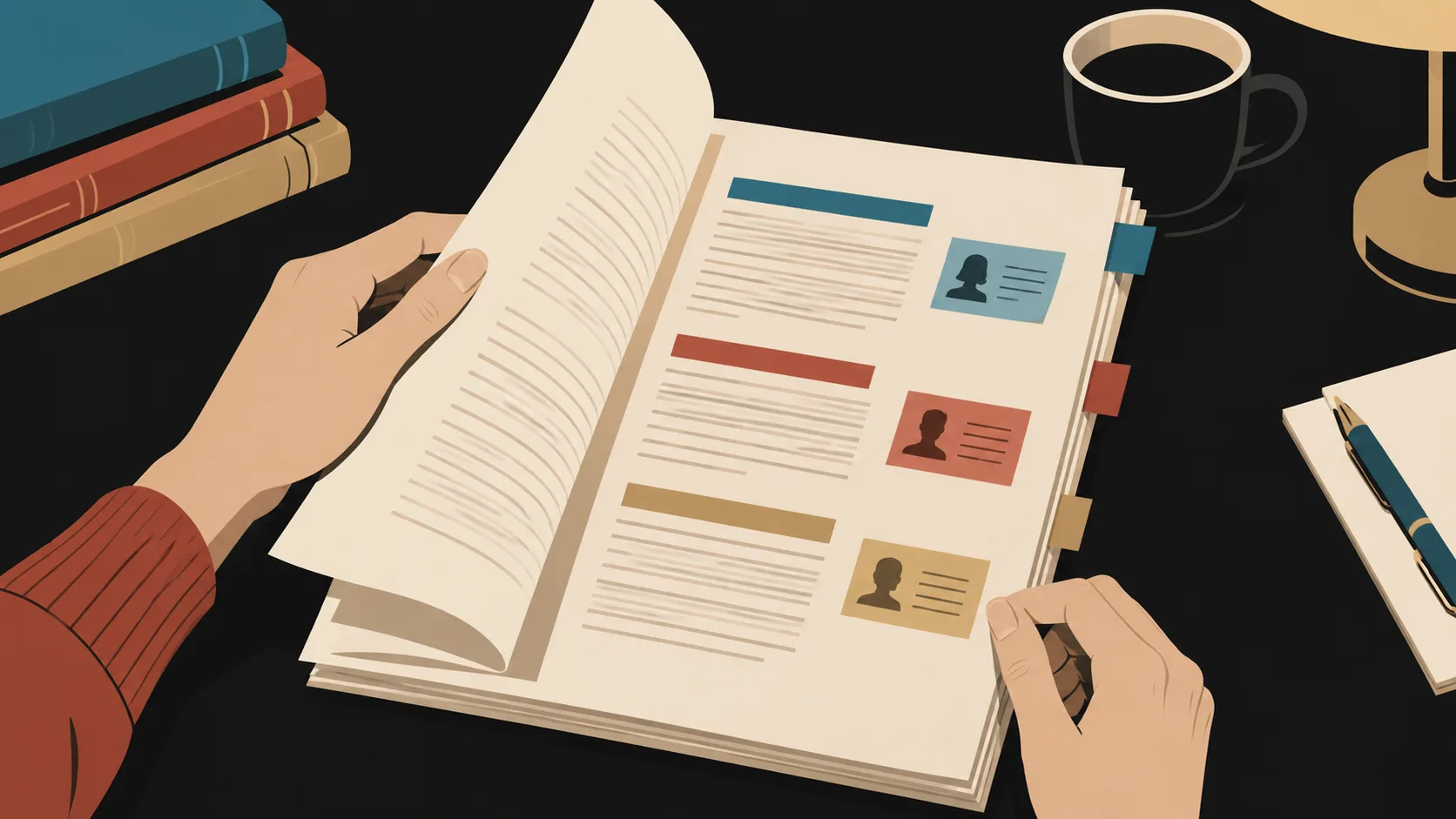 Manuscript pages divided into story acts with notes on character development