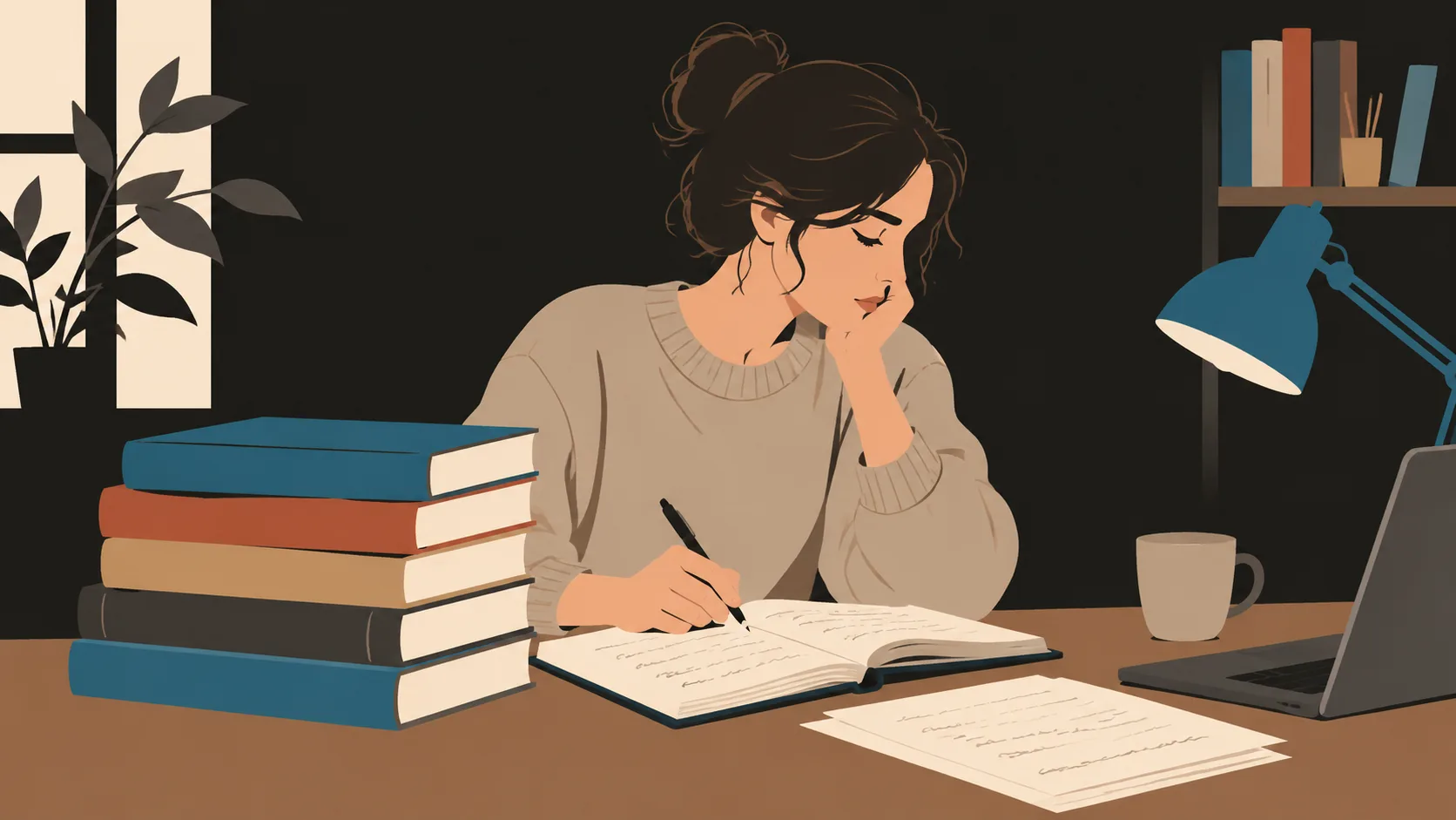 Writer's desk with story structure references and draft manuscript