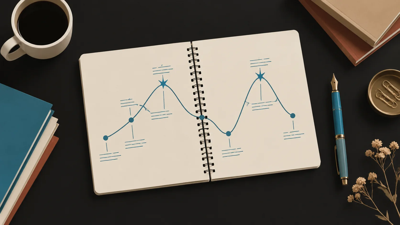 Planning notes showing story beats and turning points across three acts