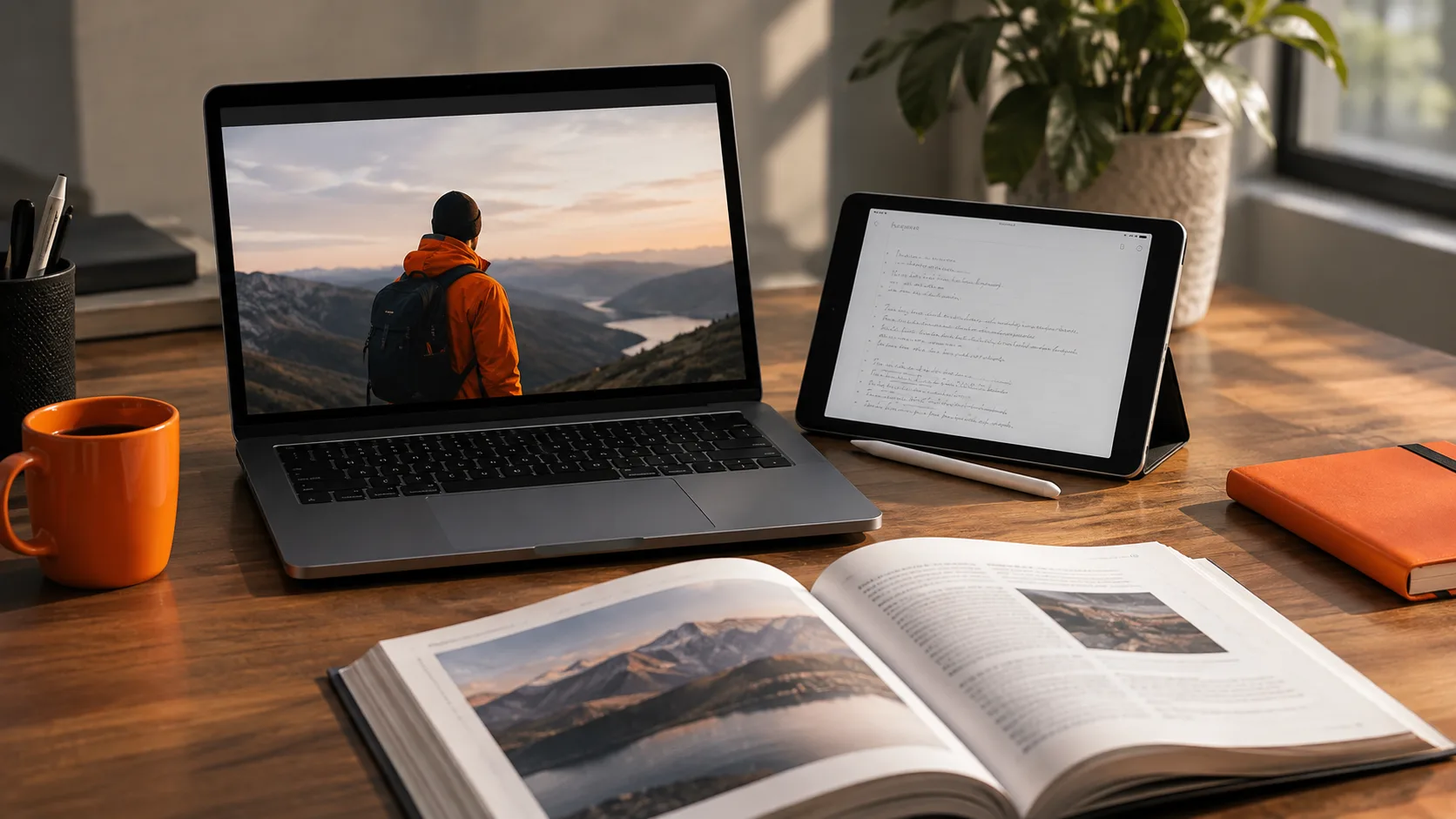 A learner's workspace showing multiple devices with course video content and campaign examples displayed.