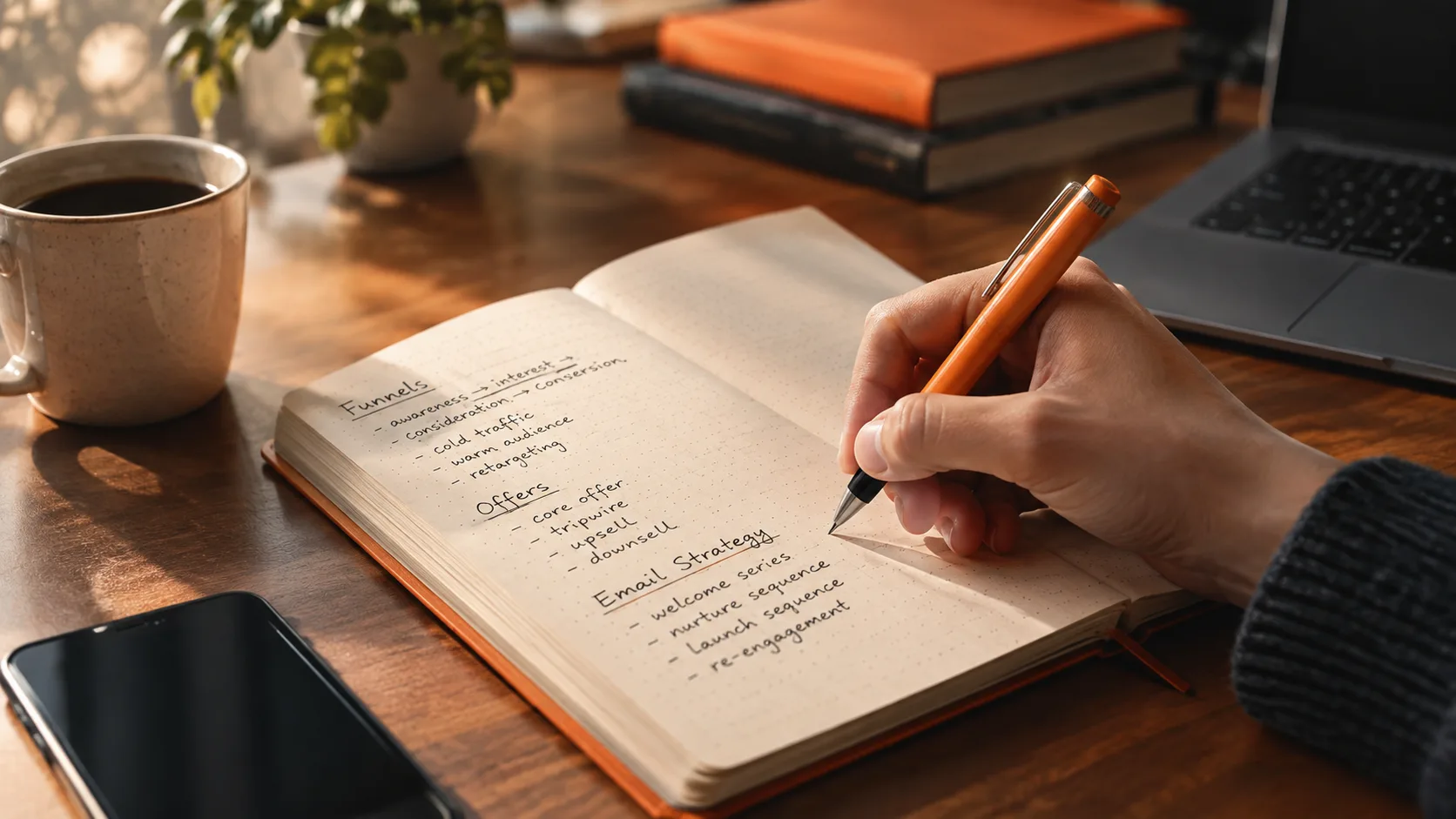 A beginner's notebook with handwritten notes on affiliate funnel building and email list strategy.
