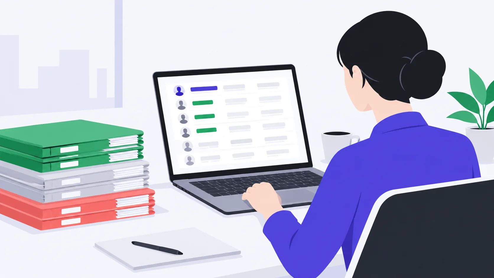 Loan officer's desk with account prioritization system and behavioral scoring on screen