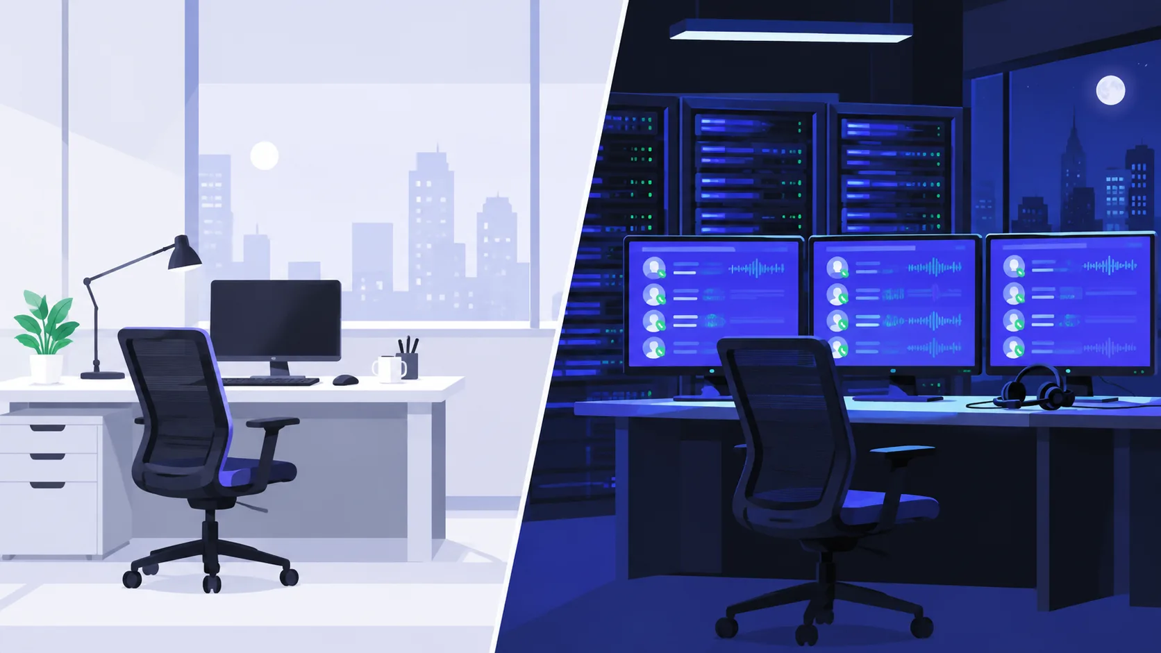Quiet human collections desk after hours versus active AI calling infrastructure operating 24/7