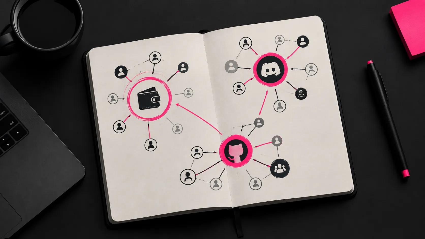 Notes mapping Web3 audience signals including wallet behavior, Discord activity, and GitHub contributions