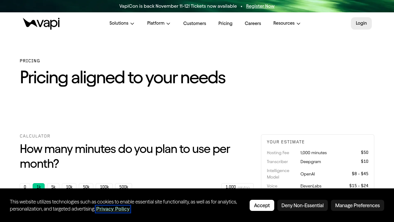 Vapi pricing page showing per-minute rates and all-in cost estimates for AI voice agent services.