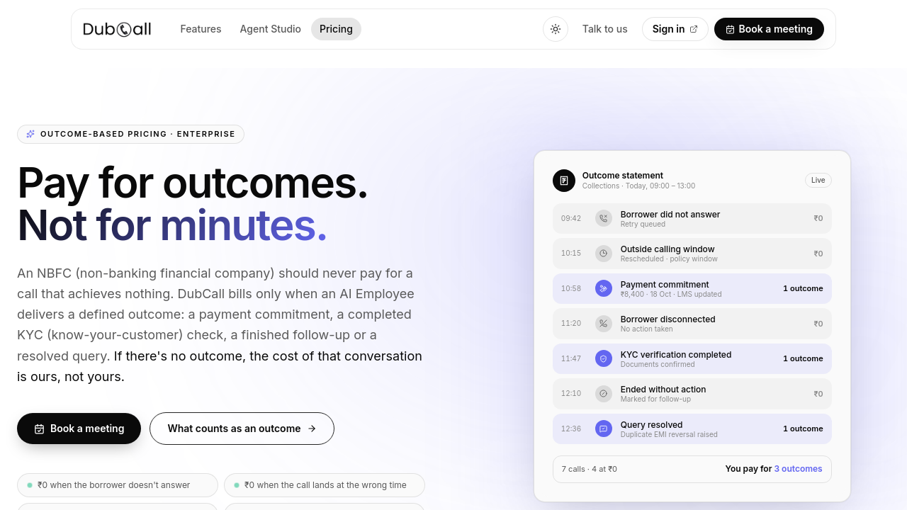 the brand pricing page showing different model structures and outcome-based billing options for BFSI teams.