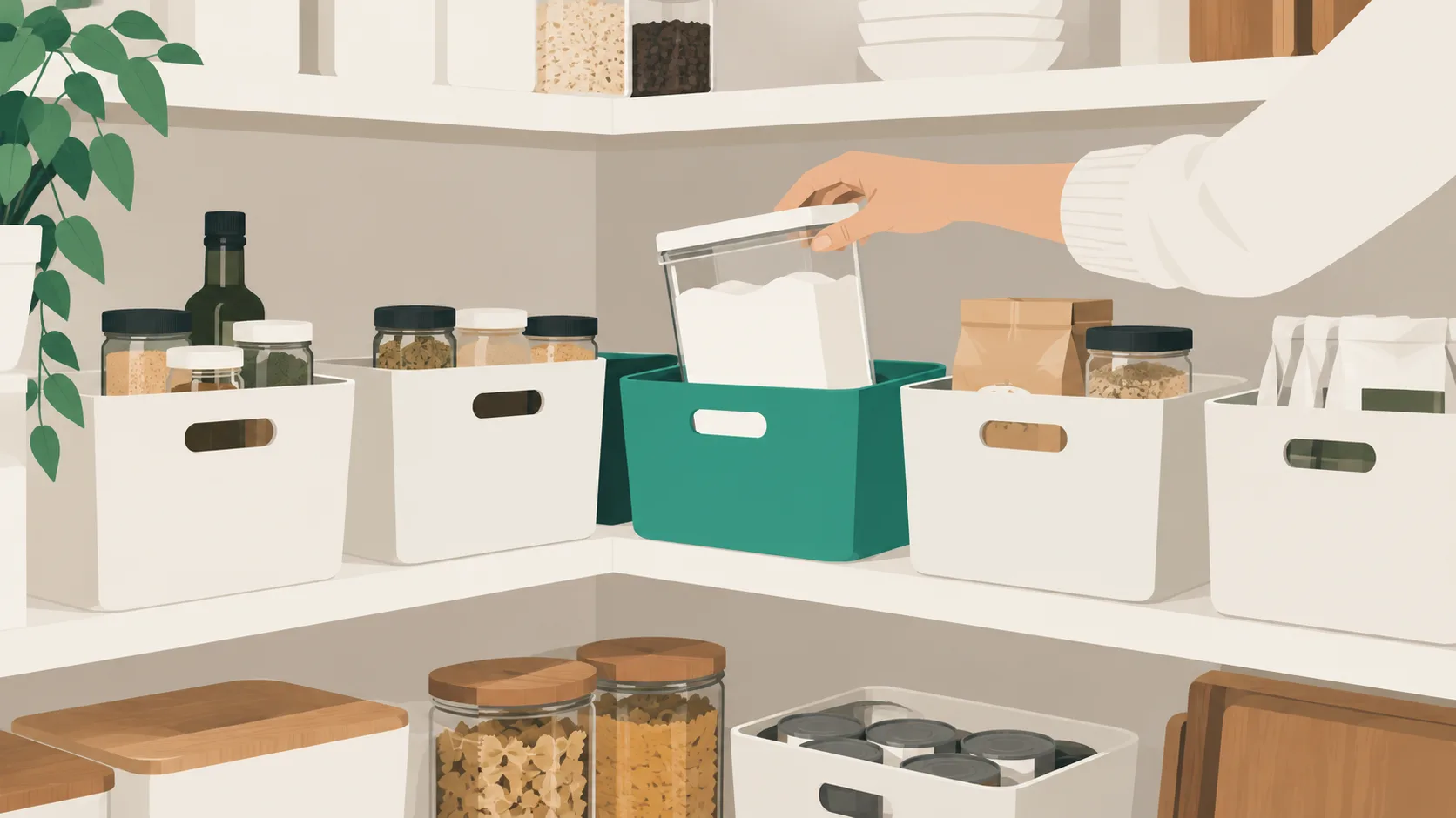 Corner pantry shelves organized into labeled zones with coordinated bins holding different categories of pantry staples