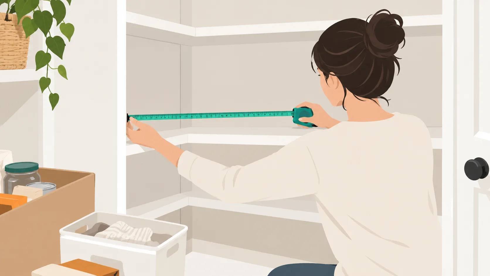 Measuring and decluttering an empty corner pantry shelf before selecting the right organization system