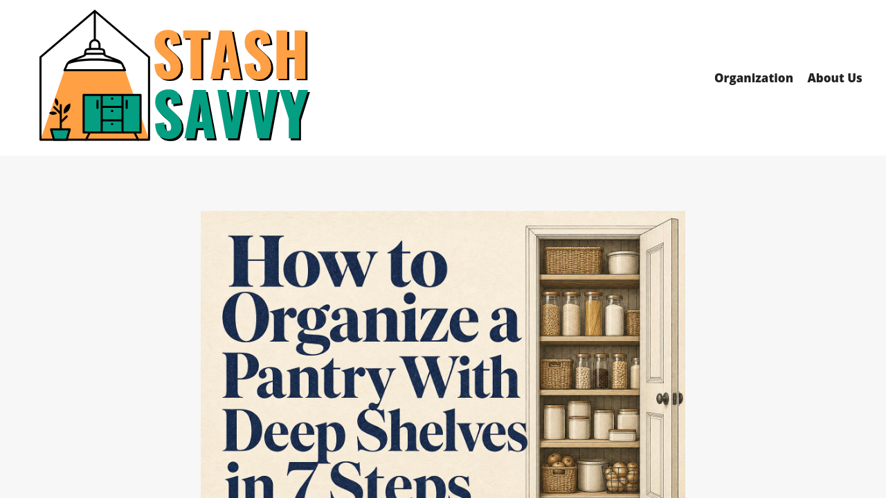 Stash Savvy's guide showing corner pantry shelves organized with multiple Lazy Susan turntables holding various pantry items