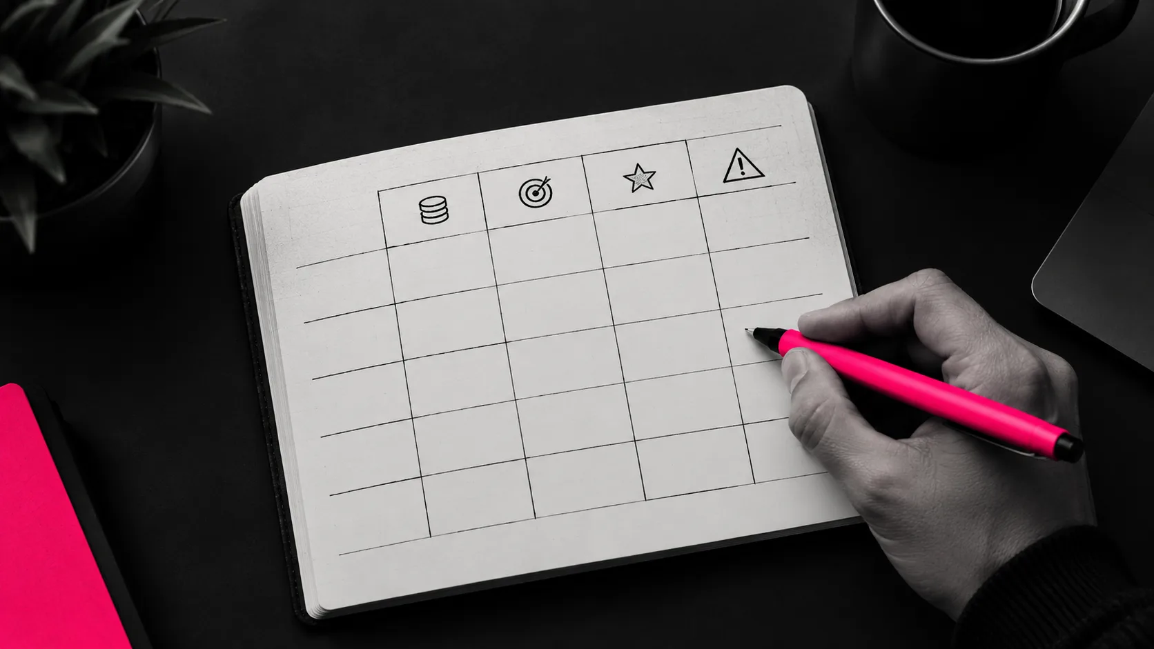 Founder creating handwritten comparison grid to evaluate crypto marketing agencies by budget, scope, and performance