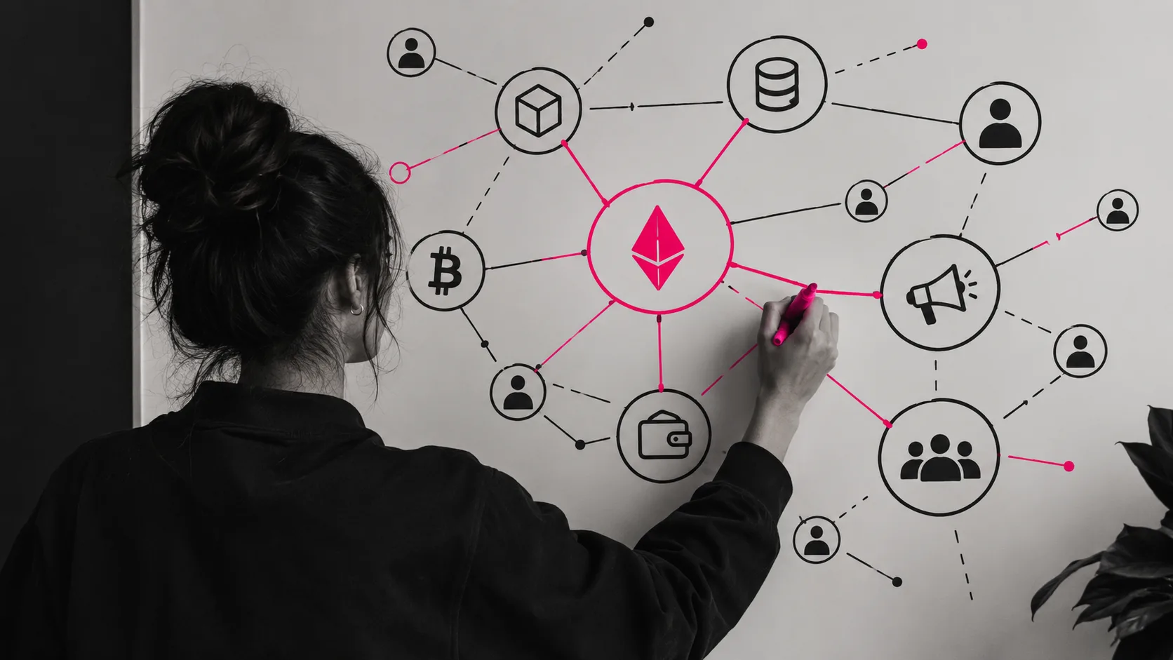 Crypto marketing strategist sketching entity relationship maps showing how Web3 brand elements interconnect.