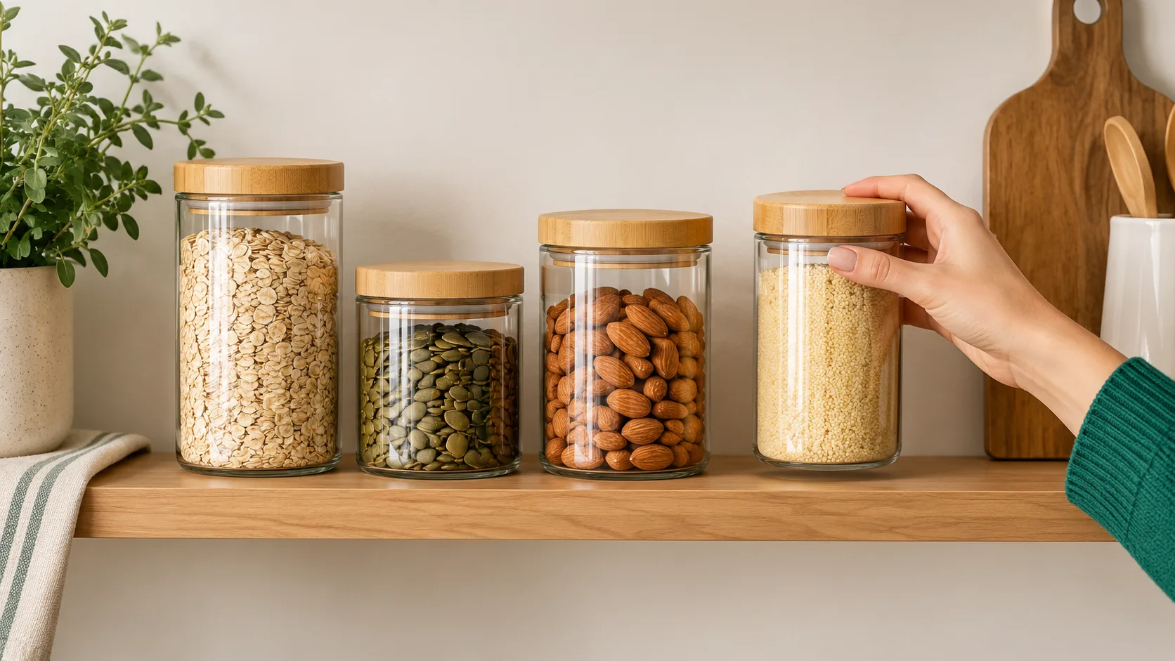 Person arranging matching glass jars on a pantry shelf to demonstrate visual cohesion and practical organization