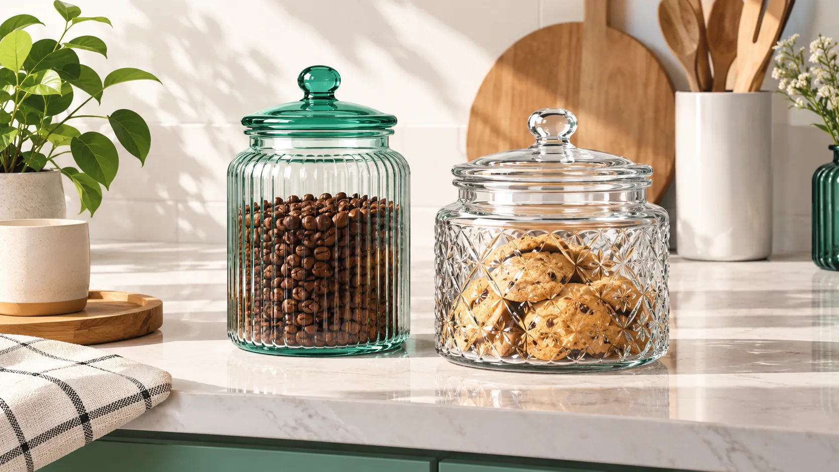 Display of decorative glass jar styles on a kitchen counter showing textured and embossed designs for pantry aesthetics