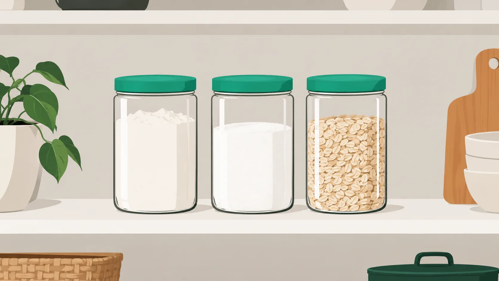 Minimalist pantry shelf with three matching glass jars as a starter set for building an organized kitchen aesthetic