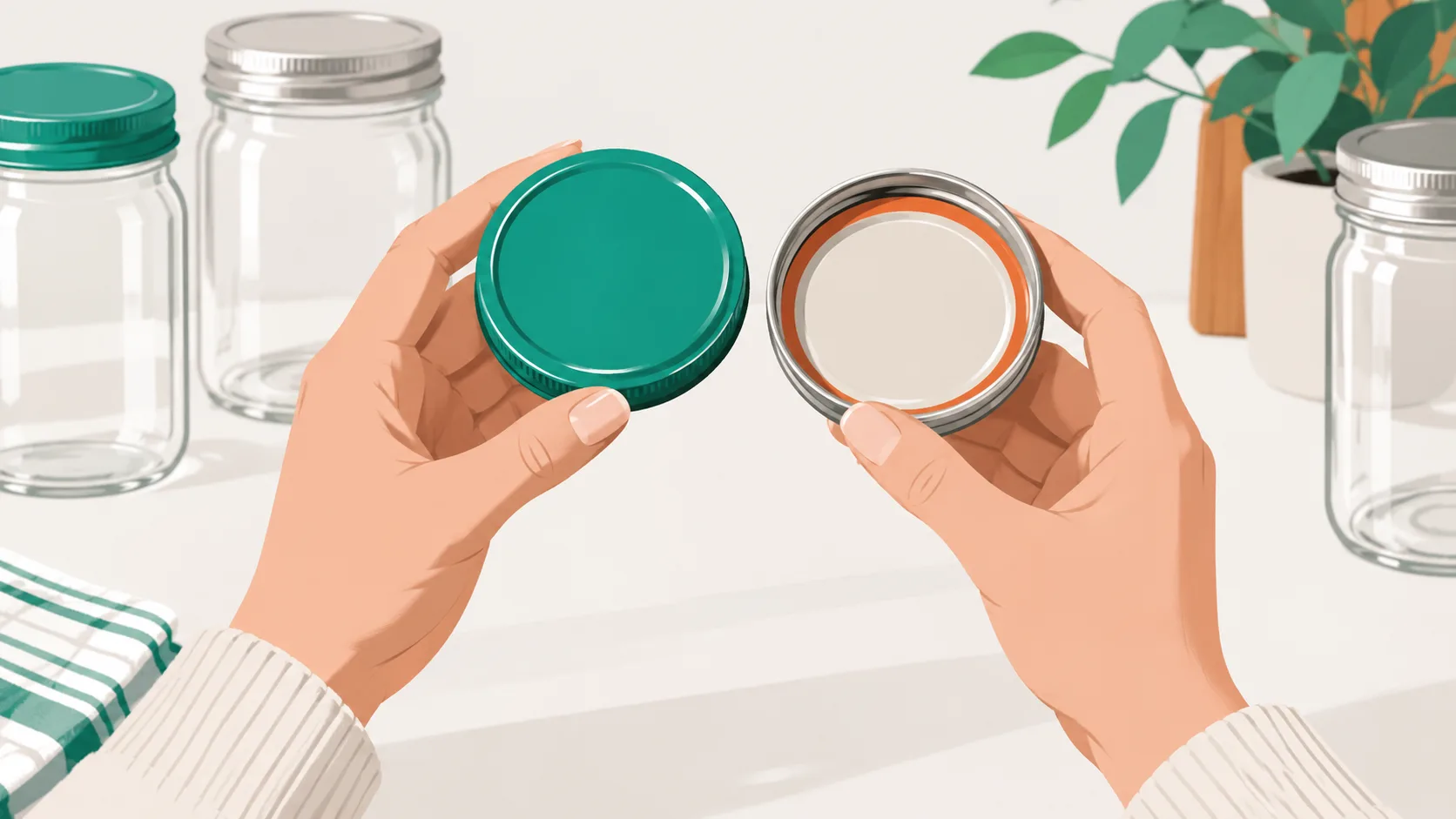Close-up of hands examining glass jar lids and seals to compare quality and material choices for pantry storage