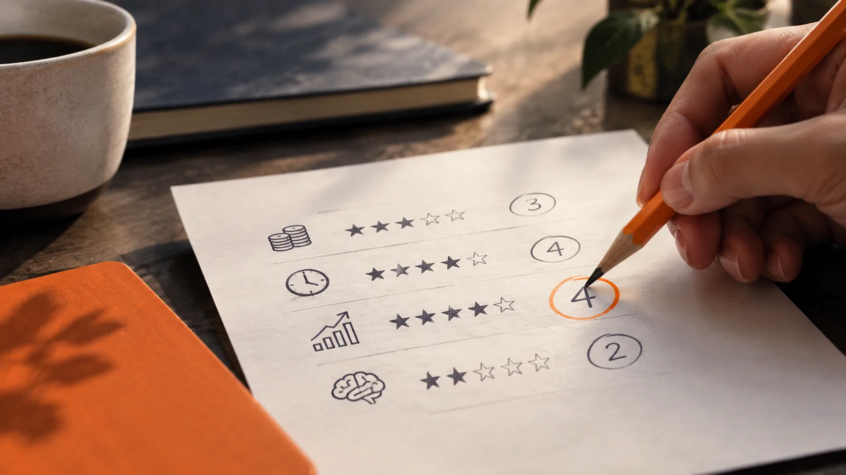 Scoring chart evaluating online business ideas by startup cost, time to revenue, scalability, and learning curve