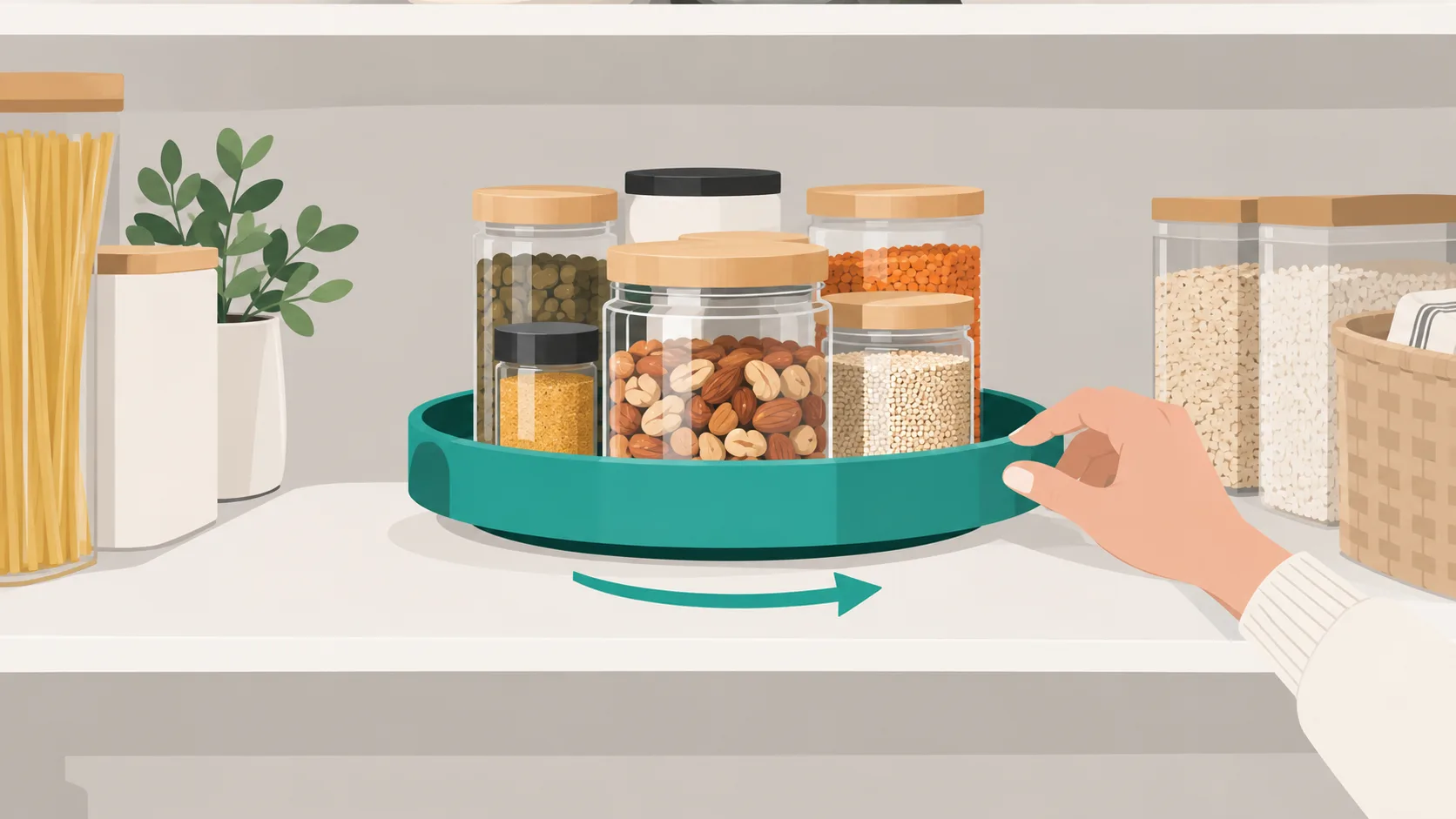 Pantry shelf with a rotating turntable organizer and glass containers, demonstrating how to access items on deep shelves.