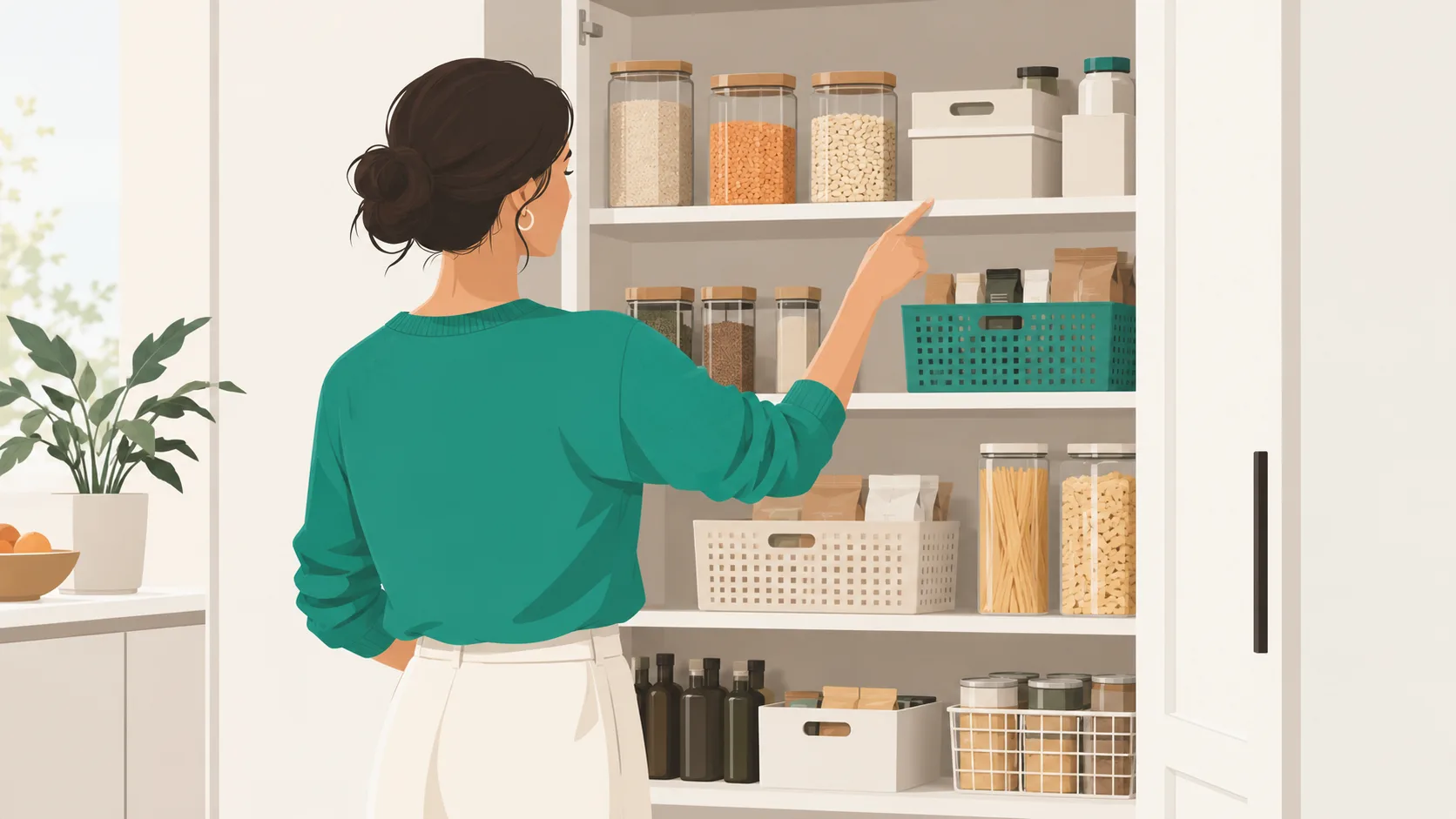 Homeowner reviewing an organized pantry cabinet to assess storage and organization methods
