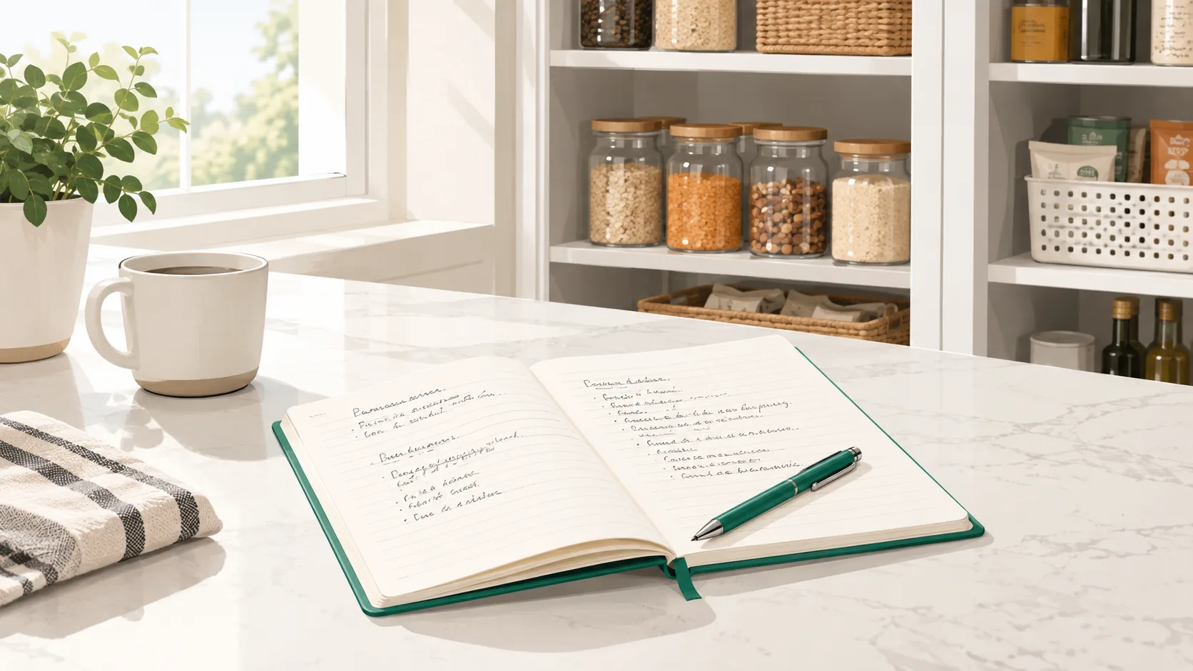 Notebook with pantry organization ranking criteria written by hand on kitchen counter