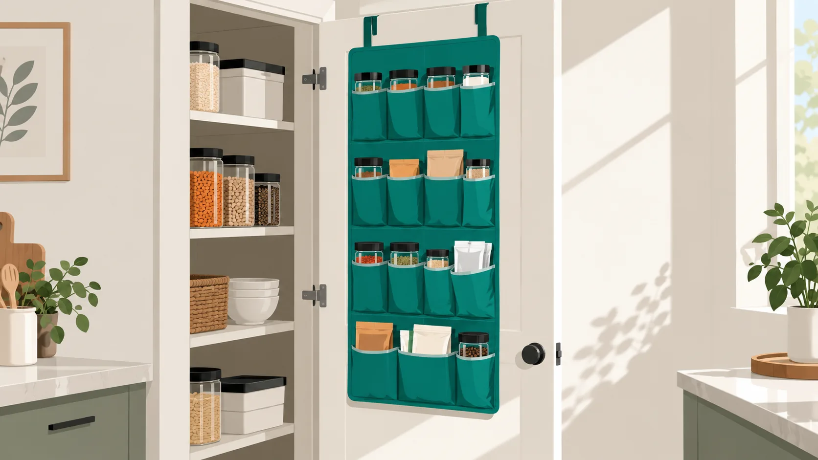 Over-the-door pantry organizer with multiple pockets storing small items, showing how to use door space in a compact cabinet.