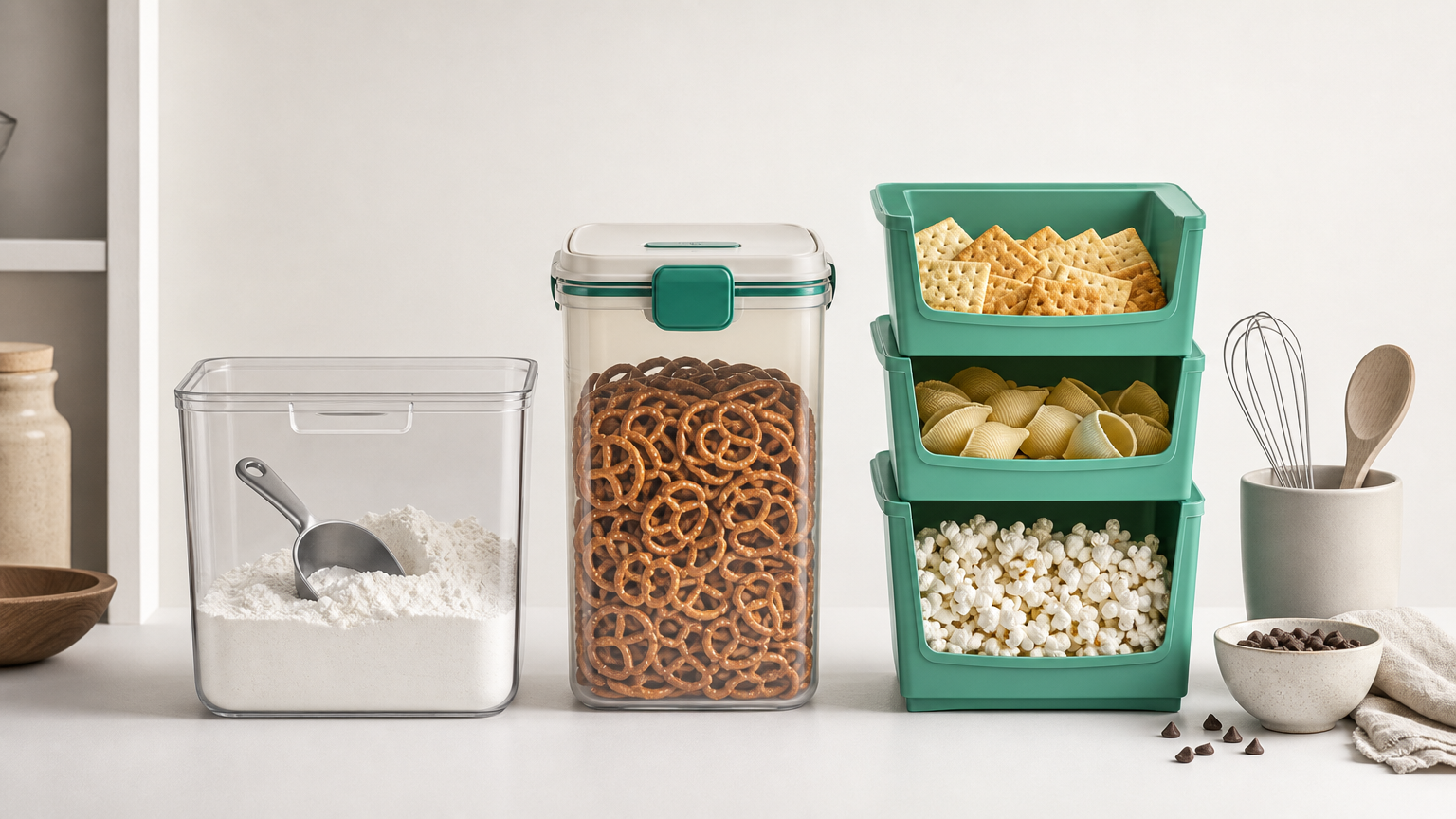 Various pantry organization containers showing different materials and stackable designs suitable for food storage