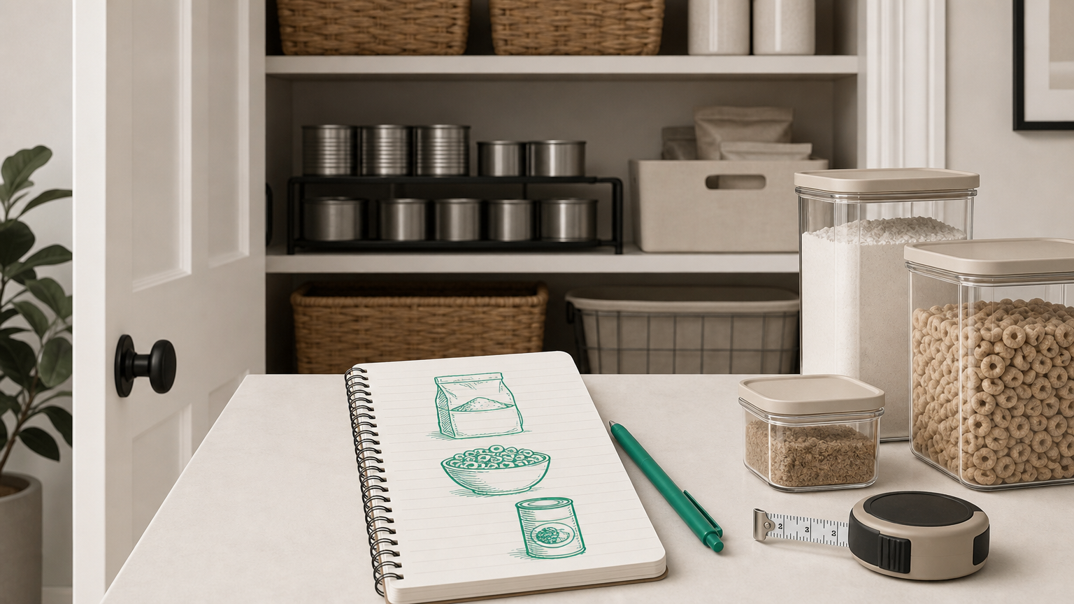 Planning pantry organization by auditing and listing actual food items to determine correct container types and sizes