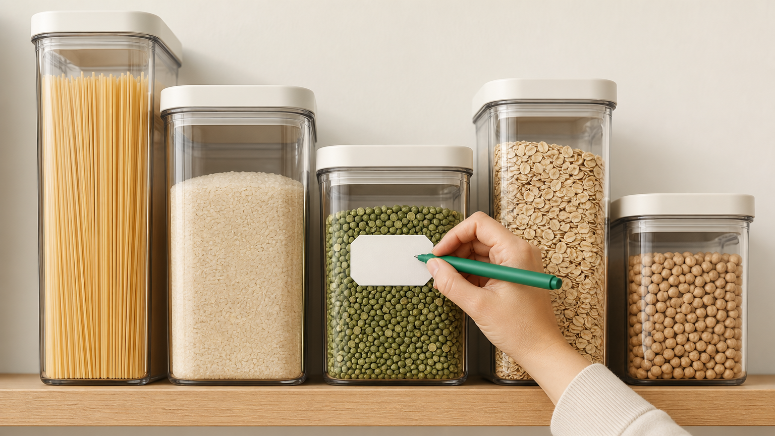 Hand writing labels on organized pantry storage containers to identify contents clearly