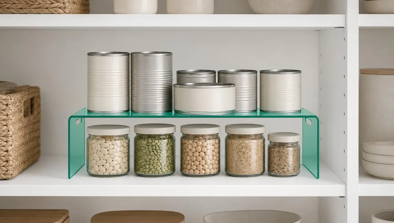 Acrylic shelf risers demonstrating vertical space multiplication in a pantry, with items stacked above and below the riser