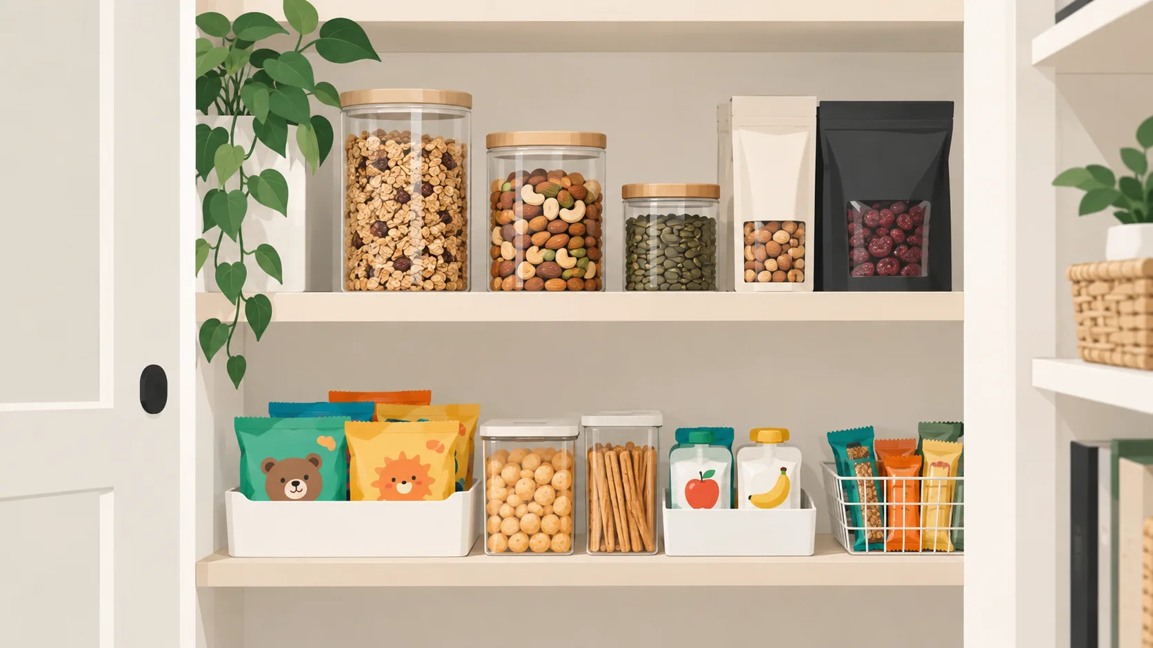 Pantry shelves with snacks organized by height zones, showing kid-friendly items at lower level and adult snacks at eye level