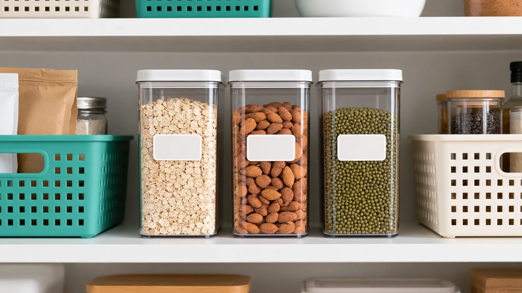 Clearly labeled storage containers in a pantry system, showing effective labeling and matching organizational materials