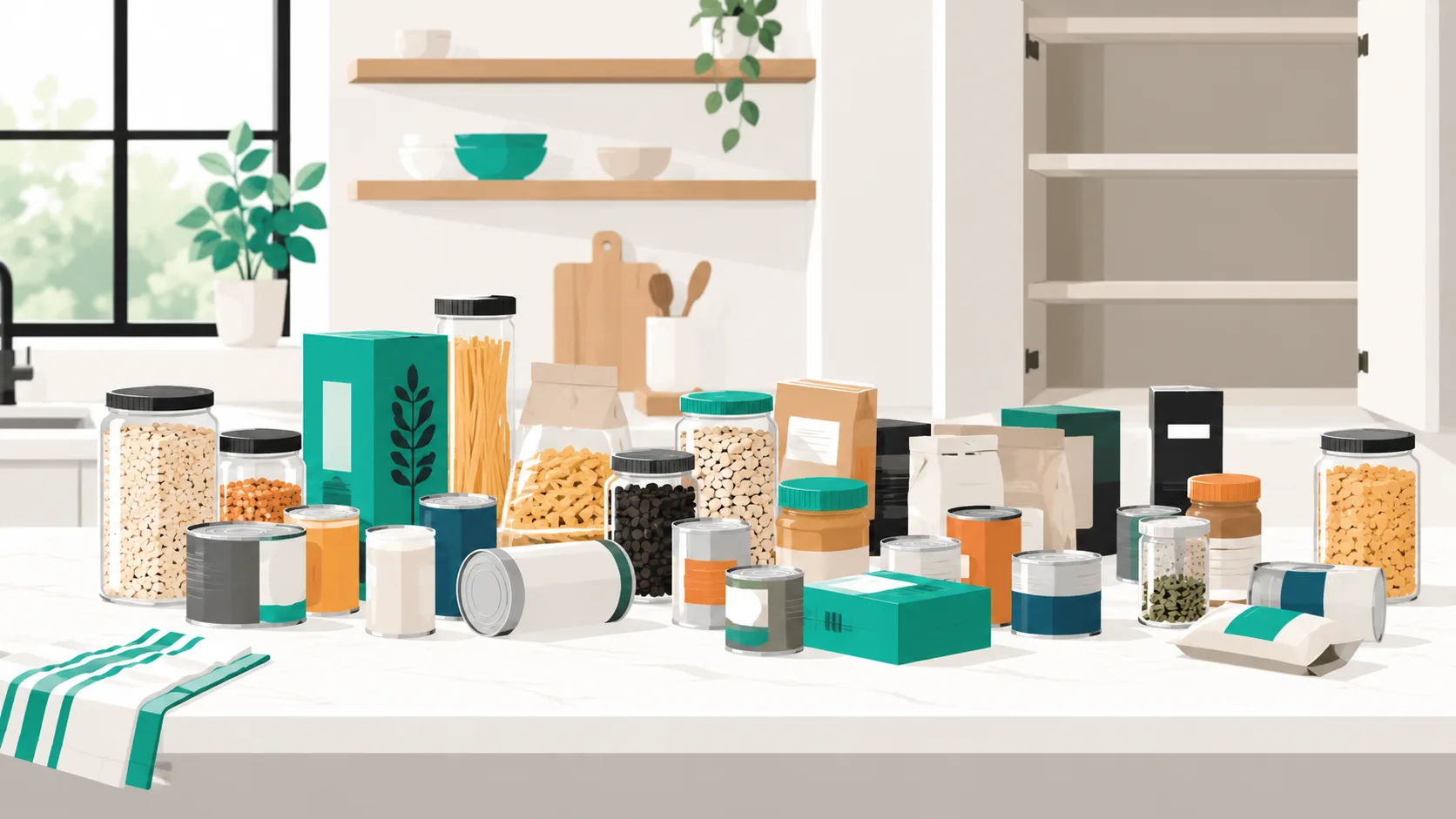 Pantry items spread across a kitchen counter during the purge process, showing the first step of pantry organization