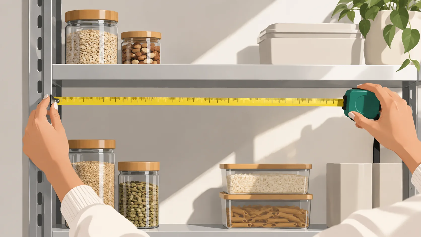 Someone measuring pantry shelf space with a tape measure, illustrating the practical first step in assessing storage needs.