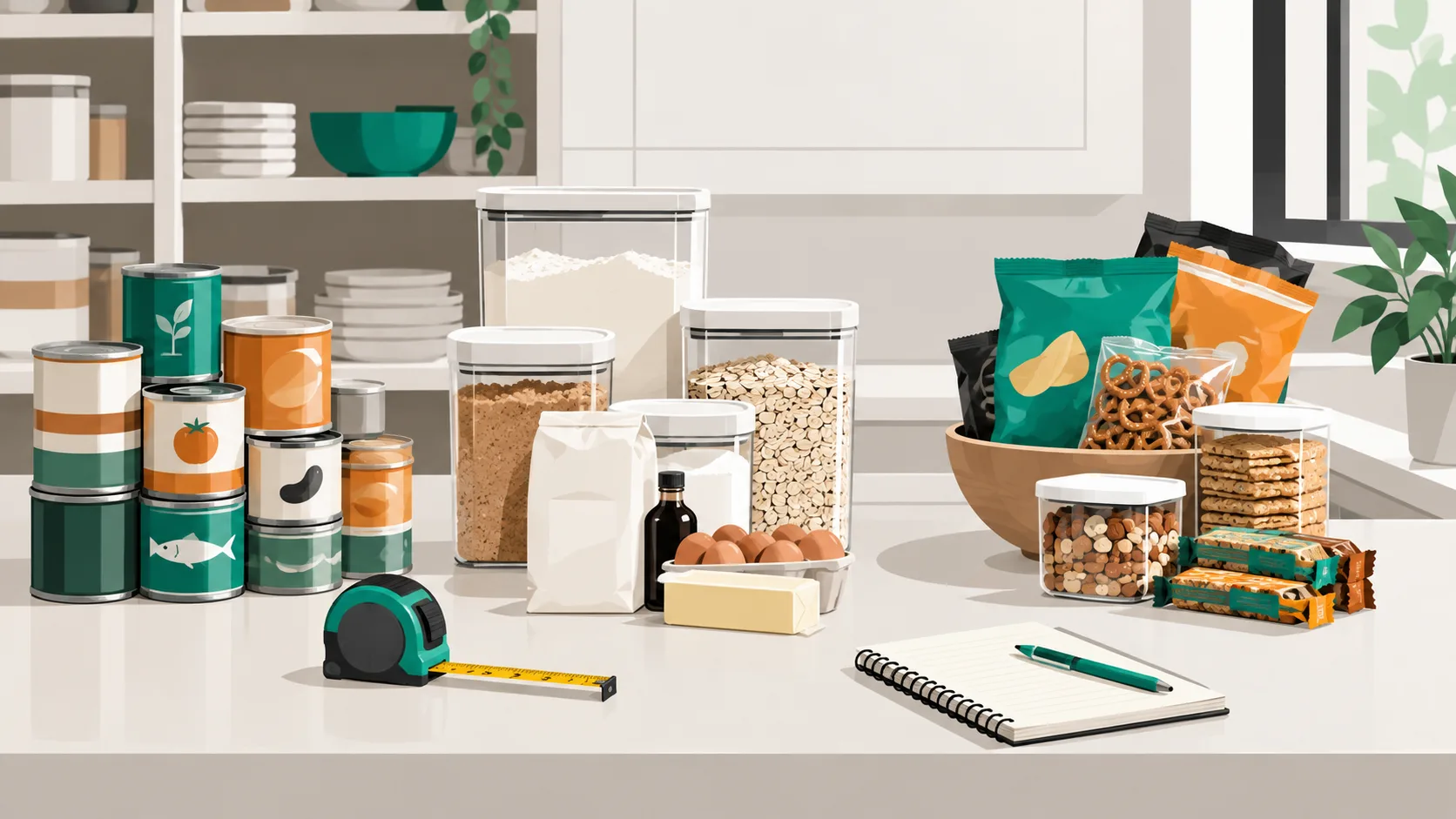 Pantry items sorted and categorized on counter to assess storage needs