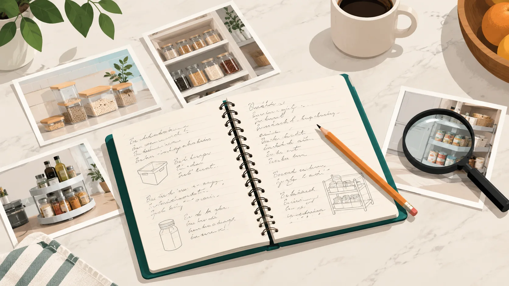 Workspace with notes, product photos, and magnifying glass for product review