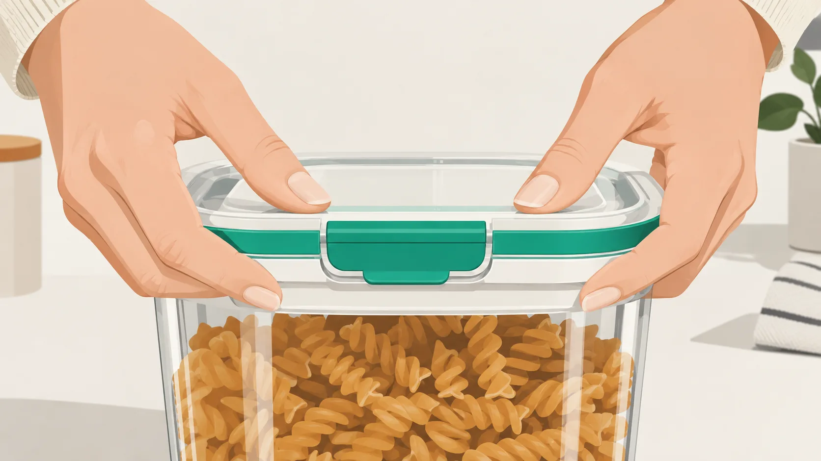 A close-up of hands sealing an airtight container lid to demonstrate proper food storage closure