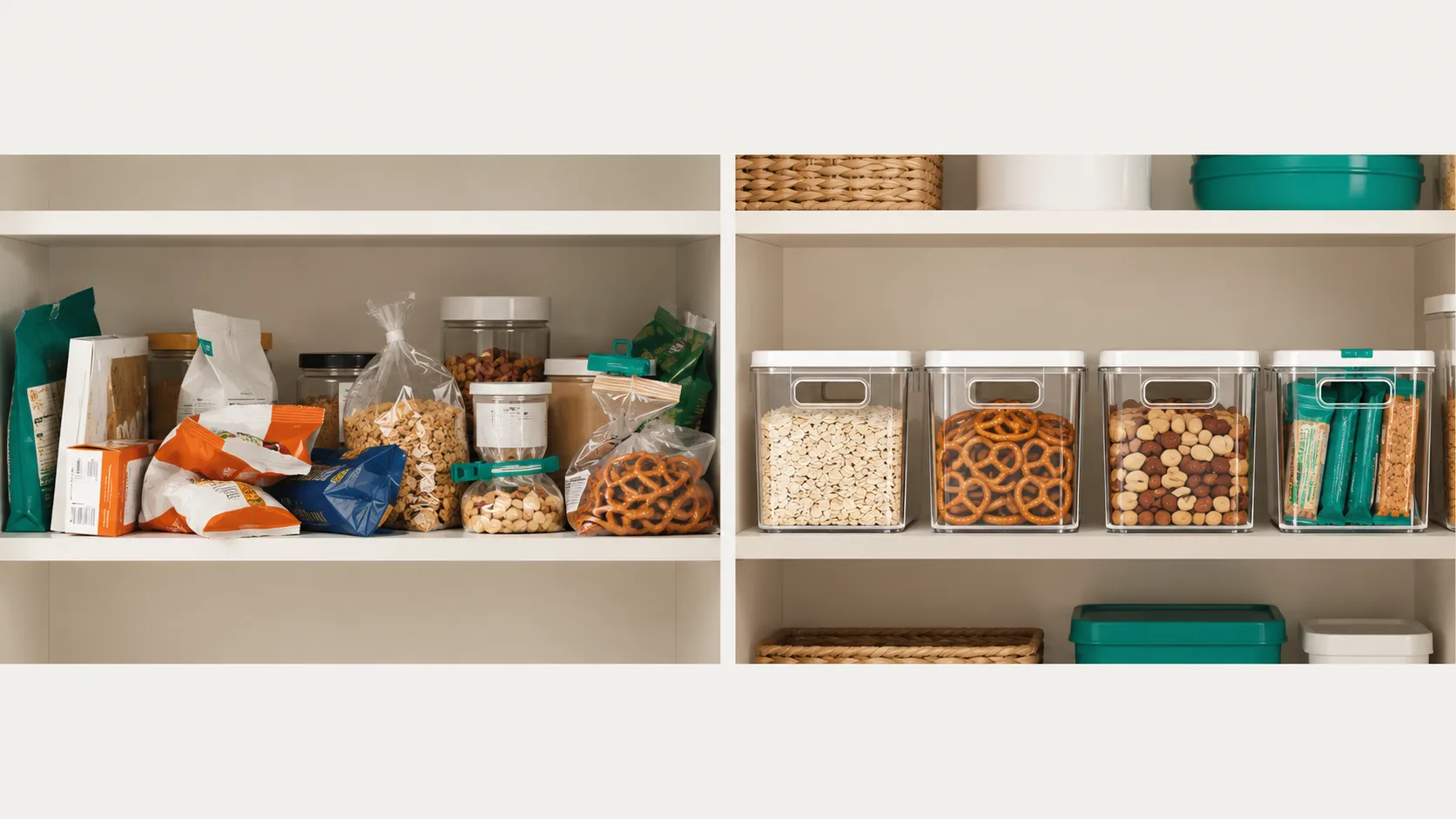 A pantry shelf showing the transformation of one problem area with targeted organization containers and labels