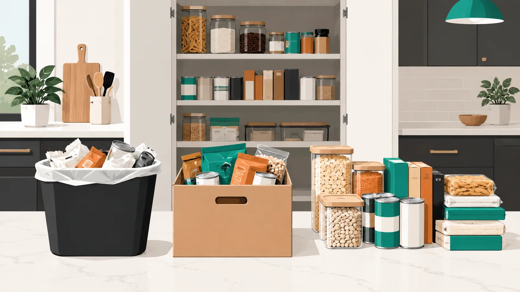 Pantry items sorted into organized groups before being placed back into newly installed pull-out organizers