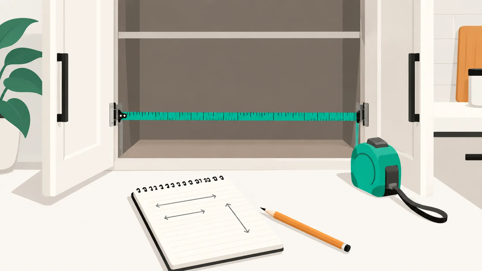 Person measuring cabinet dimensions with a tape measure